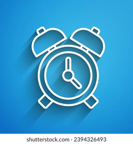 White line Alarm clock icon isolated on blue background. Wake up, get up concept. Time sign. Long shadow. Vector