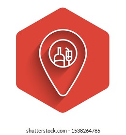 White line Alcohol or beer bar location icon isolated with long shadow. Symbol of drinking, pub, club, bar. Red hexagon button. Vector Illustration