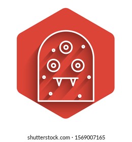 White line Alien icon isolated with long shadow. Extraterrestrial alien face or head symbol. Red hexagon button. Vector Illustration
