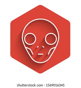 White line Alien icon isolated with long shadow. Extraterrestrial alien face or head symbol. Red hexagon button. Vector Illustration