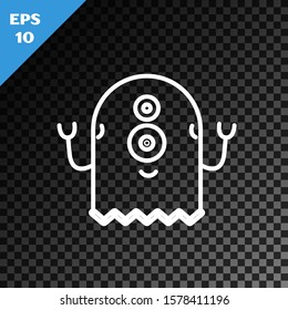 White line Alien icon isolated on transparent dark background. Extraterrestrial alien face or head symbol.  Vector Illustration
