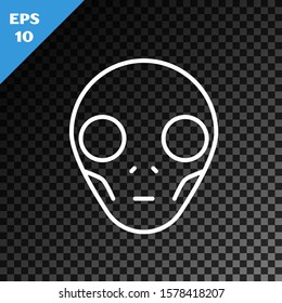 White line Alien icon isolated on transparent dark background. Extraterrestrial alien face or head symbol.  Vector Illustration