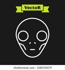 White line Alien icon isolated on black background. Extraterrestrial alien face or head symbol.  Vector Illustration