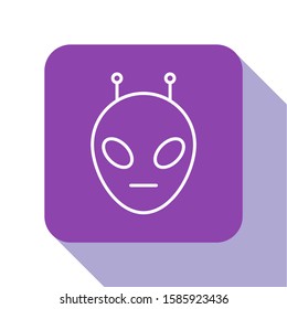 White line Alien icon isolated on white background. Extraterrestrial alien face or head symbol. Purple square button. Vector Illustration