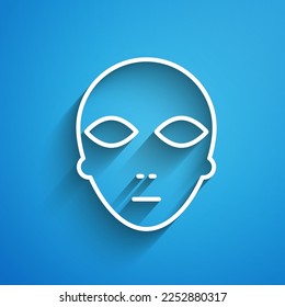 White line Alien icon isolated on blue background. Extraterrestrial alien face or head symbol. Long shadow. Vector Illustration
