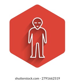 White line Alien icon isolated with long shadow. Extraterrestrial alien face or head symbol. Red hexagon button. Vector Illustration