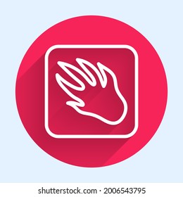 White line Alligator crocodile paw footprint icon isolated with long shadow. Red circle button. Vector