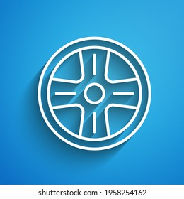 White line Alloy wheel for a car icon isolated on blue background. Long shadow. Vector