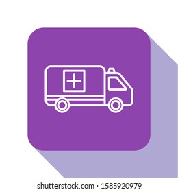 White line Ambulance and emergency car icon isolated on white background. Ambulance vehicle medical evacuation. Purple square button. Vector Illustration