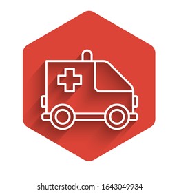 White line Ambulance and emergency car icon isolated with long shadow. Ambulance vehicle medical evacuation. Red hexagon button. Vector Illustration