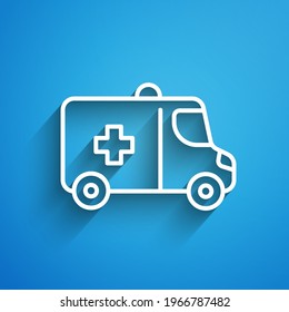 White line Ambulance and emergency car icon isolated on blue background. Ambulance vehicle medical evacuation. Long shadow. Vector