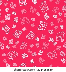 White line Ambulance and emergency car icon isolated seamless pattern on red background. Ambulance vehicle medical evacuation.  Vector