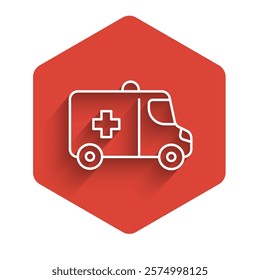 White line Ambulance and emergency car icon isolated with long shadow. Ambulance vehicle medical evacuation. Red hexagon button. Vector