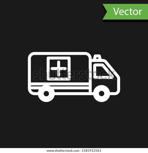 White line Ambulance and emergency car icon\
isolated on black background. Ambulance vehicle medical evacuation.\
 Vector Illustration
