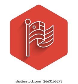 White line American flag icon isolated with long shadow background. Flag of USA. United States of America. Red hexagon button. Vector