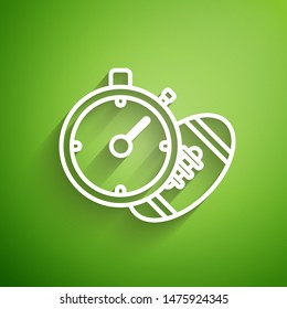 White line American Football ball and stopwatch icon isolated on green background. Set of sport equipment.  Vector Illustration