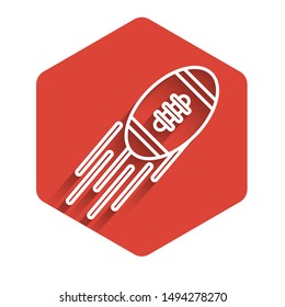 White line American Football ball icon isolated with long shadow. Rugby ball icon. Team sport game symbol. Red hexagon button. Vector Illustration