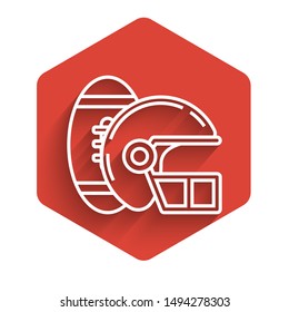 White line American Football ball and helmet icon isolated with long shadow. Set of sport equipment. Red hexagon button. Vector Illustration