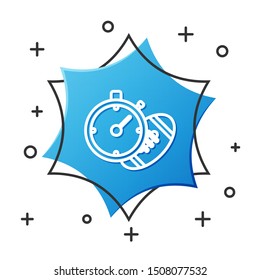White line American Football ball and stopwatch icon isolated on white background. Set of sport equipment. Blue hexagon button. Vector Illustration