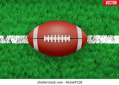 White line and american football ball on grass field. Closeup sport background. Editable Vector illustration Isolated on background.