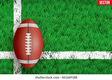 White line and american football ball on grass field. Closeup sport background. Editable Vector illustration Isolated on background.
