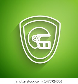 White line American football helmet and shield icon isolated on green background.  Vector Illustration