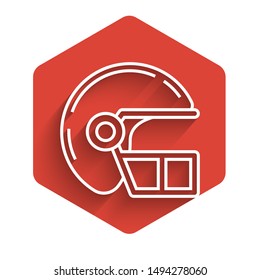 White line American football helmet icon isolated with long shadow. Red hexagon button. Vector Illustration