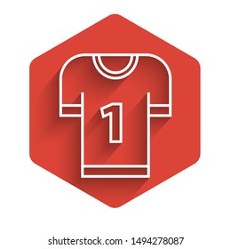 White line American football jersey icon isolated with long shadow. Football uniform sign. Red hexagon button. Vector Illustration