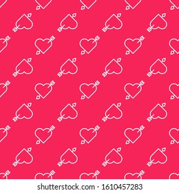 White line Amour symbol with heart and arrow icon isolated seamless pattern on red background. Love sign. Valentines symbol.  Vector Illustration