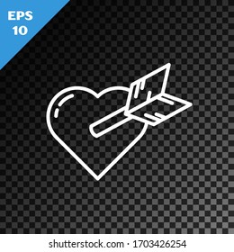 White line Amour symbol with heart and arrow icon isolated on transparent dark background. Love sign. Valentines symbol.  Vector Illustration