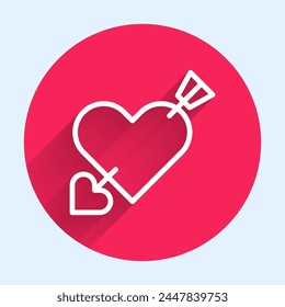 White line Amour symbol with heart and arrow icon isolated with long shadow. Love sign. Valentines symbol. Red circle button. Vector