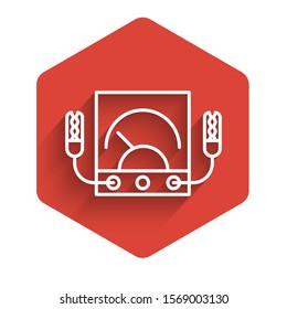 White line Ampere meter, multimeter, voltmeter icon isolated with long shadow. Instruments for measurement of electric current. Red hexagon button. Vector Illustration