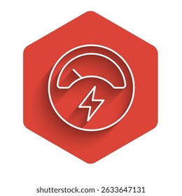 White line Ampere meter, multimeter, voltmeter icon isolated with long shadow background. Instruments for measurement of electric current. Red hexagon button. Vector