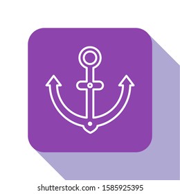 White line Anchor icon isolated on white background. Purple square button. Vector Illustration