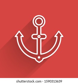 White line Anchor icon isolated with long shadow.  Vector Illustration