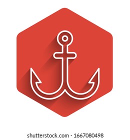 White line Anchor icon isolated with long shadow. Red hexagon button. Vector Illustration