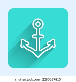 White line Anchor icon isolated with long shadow. Green square button. Vector