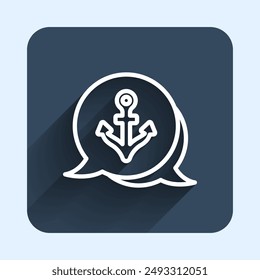 White line Anchor icon isolated with long shadow background. Blue square button. Vector