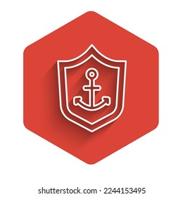 Icono del protector interior del delimitador de línea blanca aislado con una sombra larga. Botón hexágono rojo. Vector