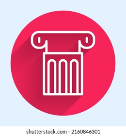 White line Ancient column icon isolated with long shadow background. Red circle button. Vector