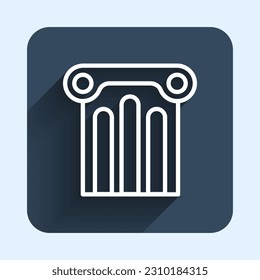 White line Ancient column icon isolated with long shadow background. Blue square button. Vector