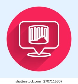 Línea blanca Icono de columna antigua aislado con sombra larga. Botón del círculo rojo. Vector
