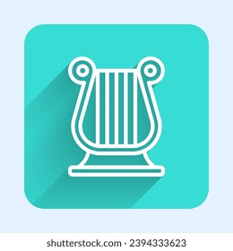 White line Ancient Greek lyre icon isolated with long shadow background. Classical music instrument, orhestra string acoustic element. Green square button. Vector