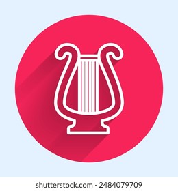 White line Ancient Greek lyre icon isolated with long shadow. Classical music instrument, orhestra string acoustic element. Red circle button. Vector