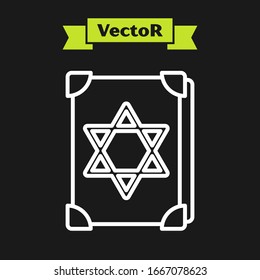 White line Ancient magic book with alchemy recipes and mystic spells and enchantments icon isolated on black background.  Vector Illustration