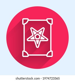 White line Ancient magic book with alchemy recipes and mystic spells and enchantments icon isolated with long shadow. Red circle button. Vector