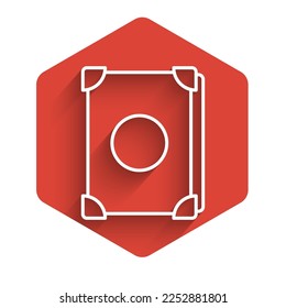 Línea blanca Antiguo libro de magia con recetas de alquimia e ícono de hechizos místicos y encantamientos aislados con una gran sombra. Botón hexágono rojo. Ilustración vectorial