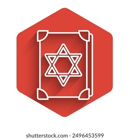 White line Ancient magic book with alchemy recipes and mystic spells and enchantments icon isolated with long shadow. Red hexagon button. Vector Illustration