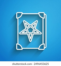 White line Ancient magic book with alchemy recipes and mystic spells and enchantments icon isolated on blue background. Long shadow. Vector Illustration