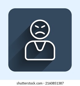 White Line Angry Customer Icon Isolated With Long Shadow Background. Blue Square Button. Vector